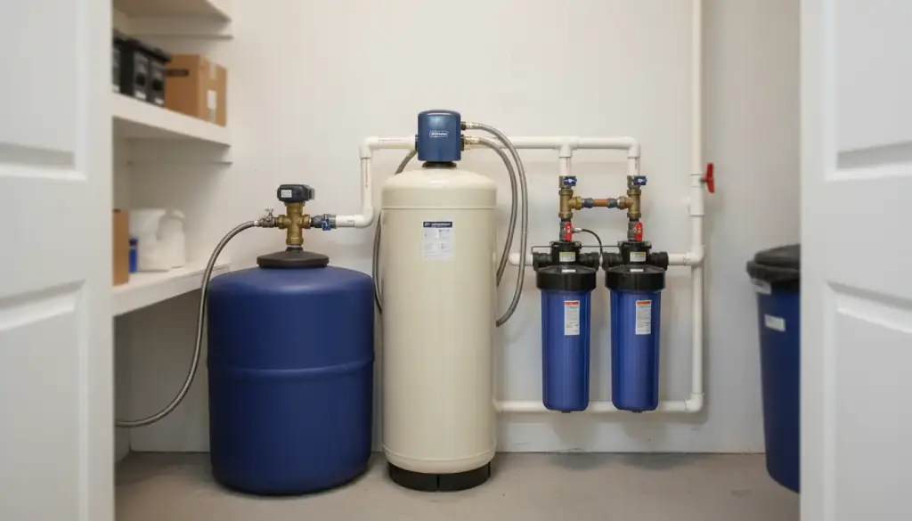 Residential water softener, brine tank and whole house filter loop in a utility closet