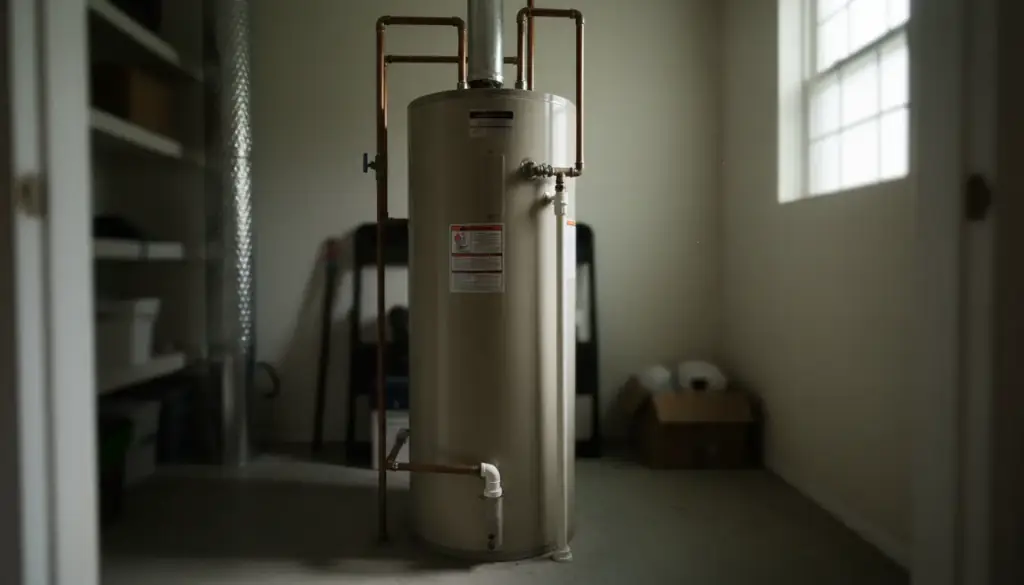 Residential water heater in a utility room with copper supply lines and a discharge line
